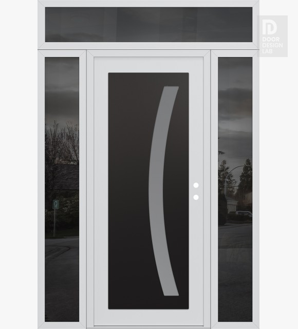 Modern Steel Front Door Diamond C4 64" x 96" white/white frosted Glass Panel black LHI with 2 Sidelites and Transom mirrored Glass