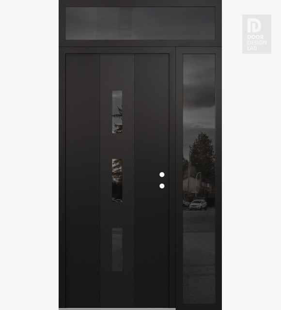 Modern Steel Front Door DIAMOND A7 48" X 96" BLACK/BLACK MIRRORED GLASS PANEL BLACK LHI WITH SIDELITE AND TRANSOM MIRRORED GLASS