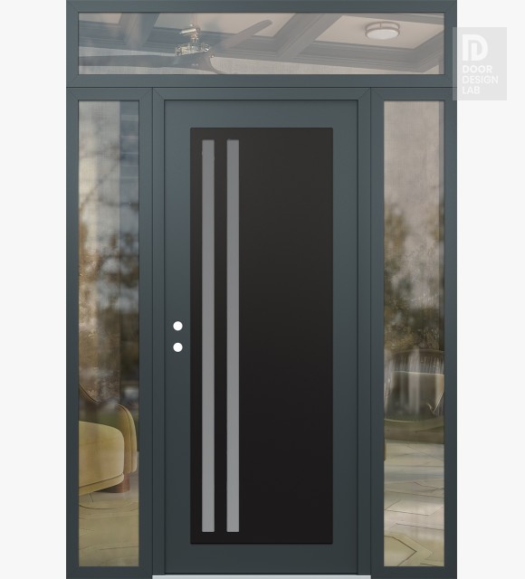 Modern Steel Front Door Diamond C6 60" x 96" anthracite/anthracite frosted Glass Panel black RHI with 2 Sidelites and Transom clear Glass
