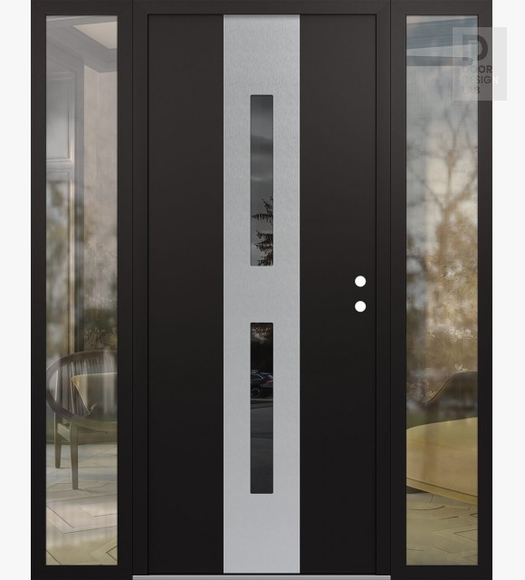 Modern Steel Front Door DIAMOND A6 68" X 80" BLACK/BLACK MIRRORED GLASS PANEL STAINLESS STEEL LHI WITH 2 SIDELITES CLEAR GLASS