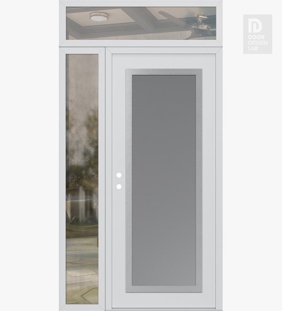Modern Steel Front Door Diamond C1 52" x 96" white/white frosted Glass Panel stainless steel RHI with Sidelite and Transom clear Glass