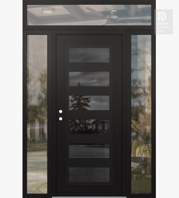 Modern Steel Front Door Diamond C9 60" x 96" black/black mirrored Glass Panel black RHI with 2 Sidelites and Transom clear Glass