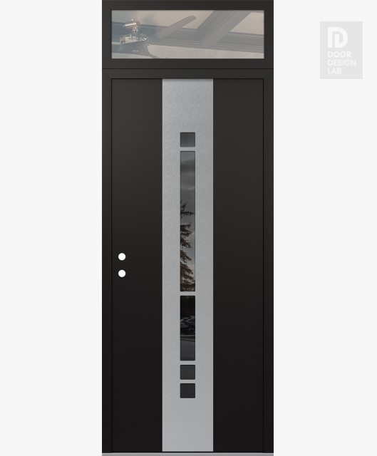 Modern Steel Front Door DIAMOND A3 36" X 96" BLACK/BLACK MIRRORED GLASS PANEL STAINLESS STEEL RHI WITH TRANSOM CLEAR GLASS