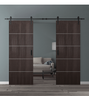 DOUBLE BARN DOOR OPTIMA 4H VERALINGA OAK 60" X 96" X 1 3/4" SOLID CORE BLACK HARDWARE