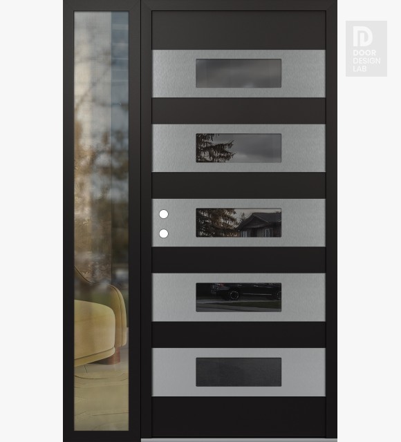 Modern Steel Front Door Diamond D5 52" x 80" black/black mirrored Glass Panel stainless steel RHI with Sidelite clear Glass