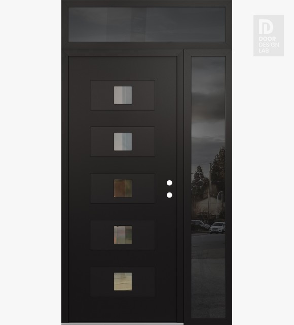 Modern Steel Front Door Diamond D8 50" x 96" black/black clear Glass Panel black LHI with Sidelite and Transom mirrored Glass