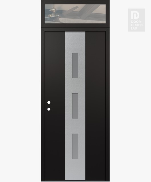 Modern Steel Front Door DIAMOND A7 36" X 96" BLACK/WHITE FROSTED GLASS PANEL STAINLESS STEEL RHI WITH TRANSOM CLEAR GLASS