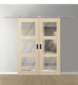 DOUBLE BARN DOOR AVON 3 LITE VETRO LOIRE ASH 64" X 84" X 1 3/4" STAINLESS STEEL HARDWARE