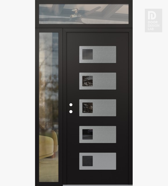 Modern Steel Front Door Diamond D2 50" x 96" black/black mirrored Glass Panel stainless steel RHI with Sidelite and Transom clear Glass
