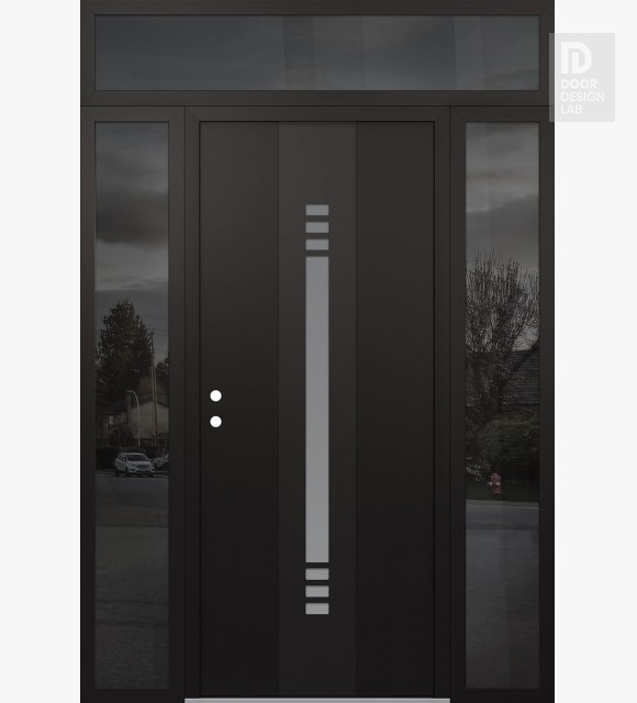 Modern Steel Front Door DIAMOND A5 64" X 96" BLACK/WHITE FROSTED GLASS PANEL BLACK RHI WITH 2 SIDELITES AND TRANSOM MIRRORED GLASS