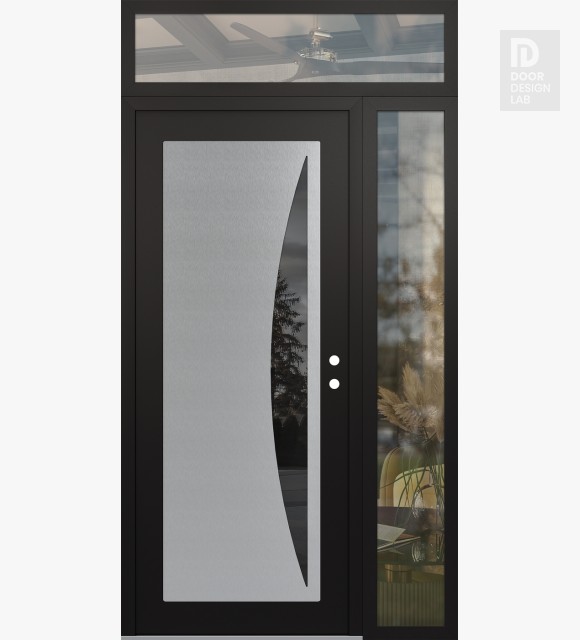 Modern Steel Front Door Diamond C13 50" x 96" black/black mirrored Glass Panel stainless steel LHI with Sidelite and Transom clear Glass
