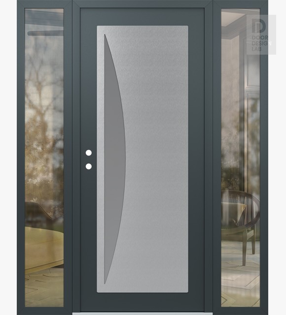 Modern Steel Front Door Diamond C13 60" x 80" anthracite/anthracite frosted Glass Panel stainless steel RHI with 2 Sidelites clear Glass