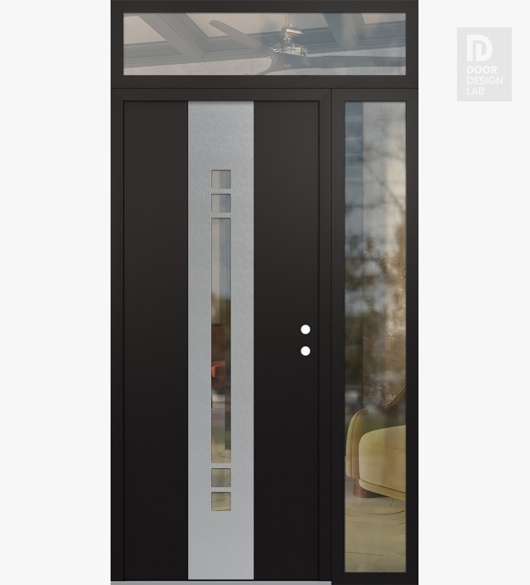 Modern Steel Front Door DIAMOND A4 48" X 96" BLACK/BLACK CLEAR GLASS PANEL STAINLESS STEEL LHI WITH SIDELITE AND TRANSOM CLEAR GLASS