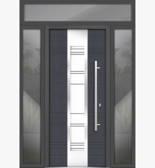 Gray Front Exterior Prehung Steel Door / Deux 0757 / 2 Side and Top Exterior Window / Stainless Inserts Single Modern Painted-W14+36+14" x H80+16"-Left-hand Inswing