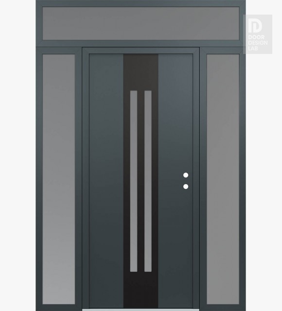 Modern Steel Front Door DIAMOND A8 68" X 96" ANTHRACITE/ANTHRACITE FROSTED GLASS PANEL BLACK LHI WITH 2 SIDELITES AND TRANSOM FROSTED GLASS