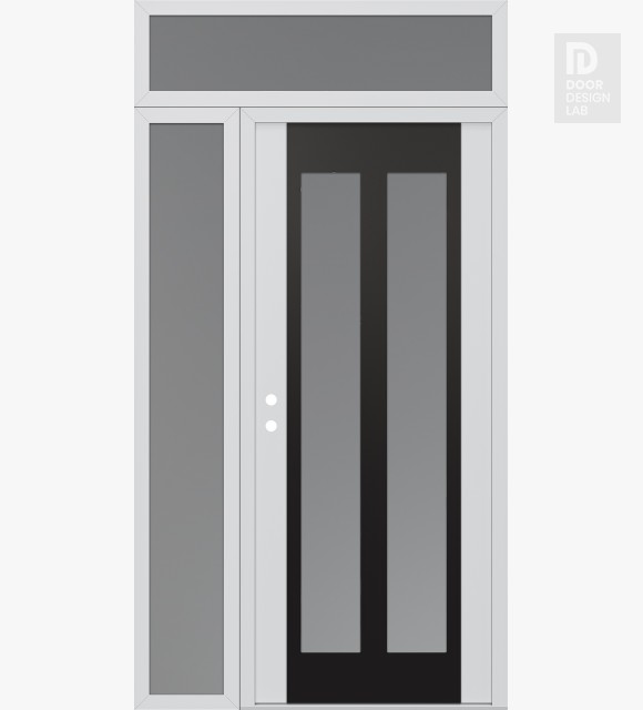 Modern Steel Front Door Diamond C14 48" x 96" white/white frosted Glass Panel black RHI with Sidelite and Transom frosted Glass