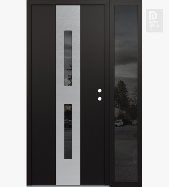 Modern Steel Front Door DIAMOND A6 52" X 80" BLACK/BLACK MIRRORED GLASS PANEL STAINLESS STEEL LHI WITH SIDELITE MIRRORED GLASS