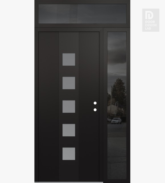 Modern Steel Front Door DIAMOND A13 52" X 96" BLACK/WHITE FROSTED GLASS PANEL BLACK LHI WITH SIDELITE AND TRANSOM MIRRORED GLASS
