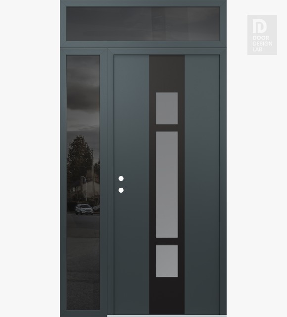 Modern Steel Front Door DIAMOND A9 50" X 96" ANTHRACITE/ANTHRACITE FROSTED GLASS PANEL BLACK RHI WITH SIDELITE AND TRANSOM MIRRORED GLASS