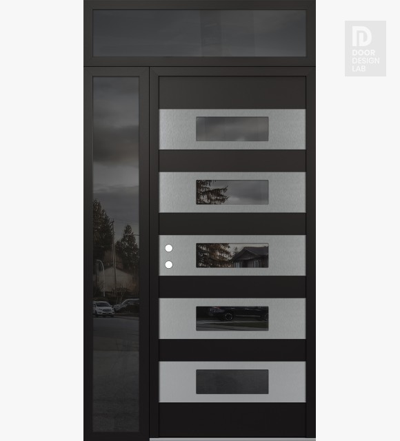 Modern Steel Front Door Diamond D5 48" x 96" black/black mirrored Glass Panel stainless steel RHI with Sidelite and Transom mirrored Glass