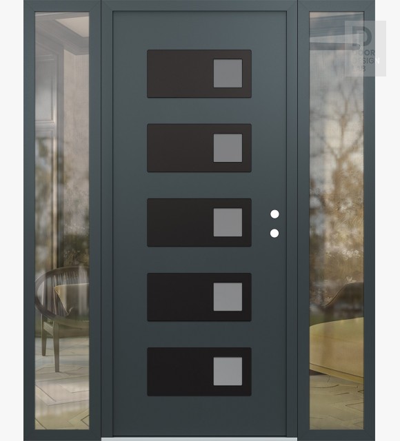 Modern Steel Front Door Diamond D2 68" x 80" anthracite/anthracite frosted Glass Panel black LHI with 2 Sidelites clear Glass