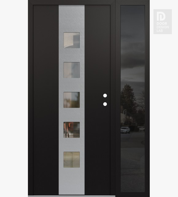 Modern Steel Front Door DIAMOND A13 52" X 80" BLACK/BLACK CLEAR GLASS PANEL STAINLESS STEEL LHI WITH SIDELITE MIRRORED GLASS