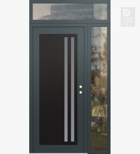 Modern Steel Front Door Diamond C6 52" x 96" anthracite/anthracite frosted Glass Panel black LHI with Sidelite and Transom clear Glass