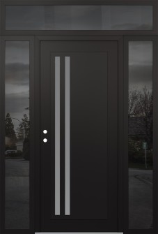 Diamond C6 68" x 96" black/white frosted Glass Panel black RHI with 2 Sidelites and Transom mirrored Glass