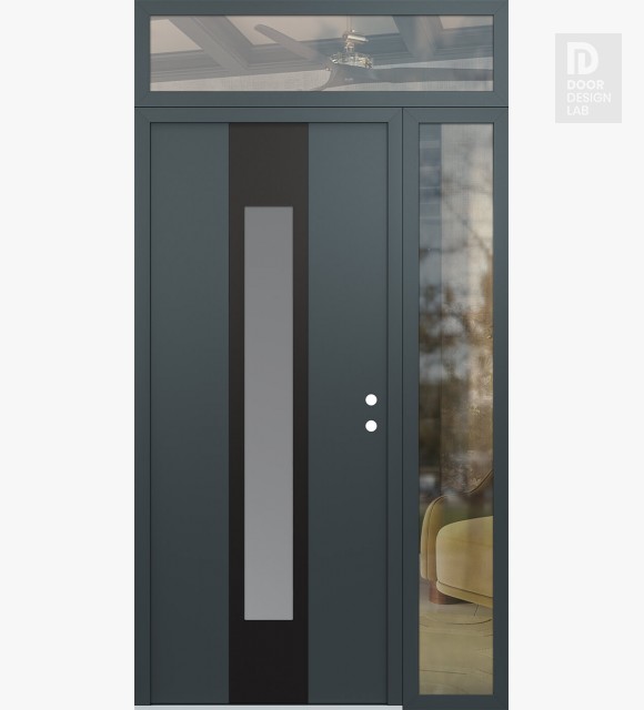 Modern Steel Front Door DIAMOND A1 48" X 96" ANTHRACITE/ANTHRACITE FROSTED GLASS PANEL BLACK LHI WITH SIDELITE AND TRANSOM CLEAR GLASS