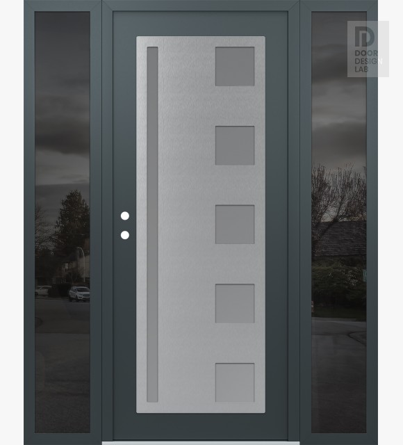 Modern Steel Front Door Diamond C3 68" x 80" anthracite/anthracite frosted Glass Panel stainless steel RHI with 2 Sidelites mirrored Glass