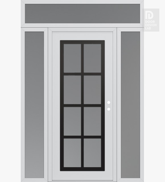 Modern Steel Front Door Diamond C16 60" x 96" white/white frosted Glass Panel black LHI with 2 Sidelites and Transom frosted Glass