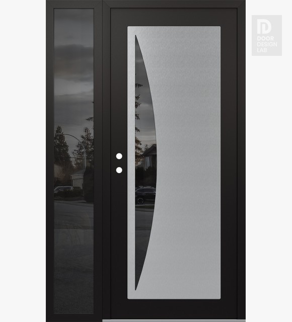 Modern Steel Front Door Diamond C13 50" x 80" black/black mirrored Glass Panel stainless steel RHI with Sidelite mirrored Glass