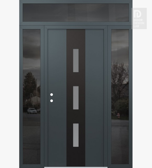 Modern Steel Front Door DIAMOND A7 68" X 96" ANTHRACITE/ANTHRACITE FROSTED GLASS PANEL BLACK RHI WITH 2 SIDELITES AND TRANSOM MIRRORED GLASS