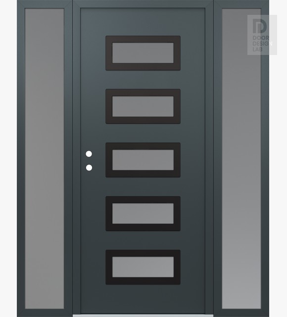 Modern Steel Front Door Diamond D1 68" x 80" anthracite/anthracite frosted Glass Panel black RHI with 2 Sidelites frosted Glass