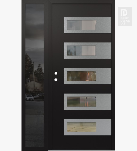 Modern Steel Front Door Diamond D3 52" x 80" black/black clear Glass Panel stainless steel RHI with Sidelite mirrored Glass