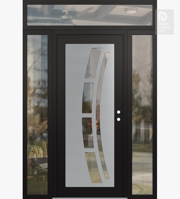 Modern Steel Front Door Diamond C12 60" x 96" black/black clear Glass Panel stainless steel LHI with 2 Sidelites and Transom clear Glass