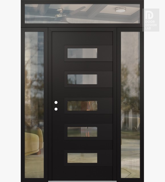 Modern Steel Front Door Diamond D3 68" x 96" black/black clear Glass Panel black RHI with 2 Sidelites and Transom clear Glass