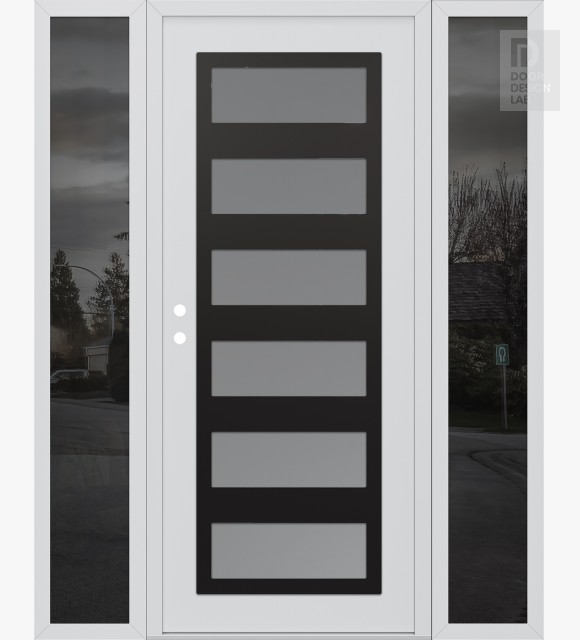 Modern Steel Front Door Diamond C9 68" x 80" white/white frosted Glass Panel black RHI with 2 Sidelites mirrored Glass