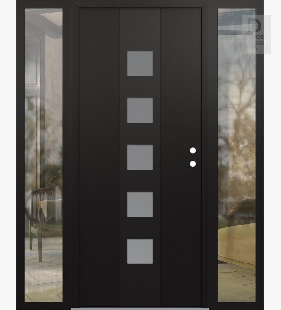 Modern Steel Front Door DIAMOND A13 68" X 80" BLACK/WHITE FROSTED GLASS PANEL BLACK LHI WITH 2 SIDELITES CLEAR GLASS