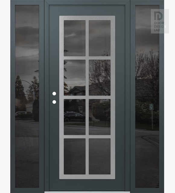 Modern Steel Front Door Diamond C16 64" x 80" anthracite/anthracite mirrored Glass Panel stainless steel RHI with 2 Sidelites mirrored Glass
