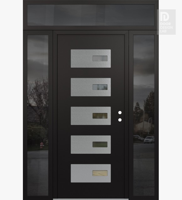 Modern Steel Front Door Diamond D7 60" x 96" black/black clear Glass Panel stainless steel LHI with 2 Sidelites and Transom mirrored Glass