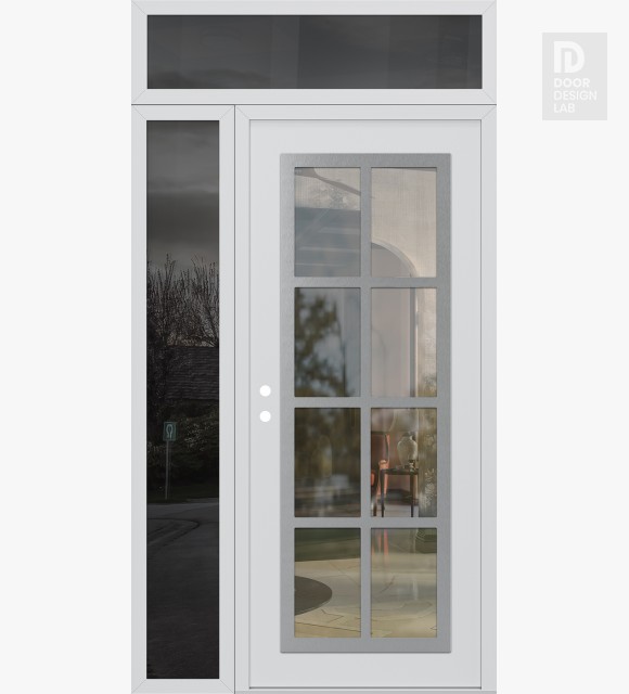 Modern Steel Front Door Diamond C16 52" x 96" white/white clear Glass Panel stainless steel RHI with Sidelite and Transom mirrored Glass