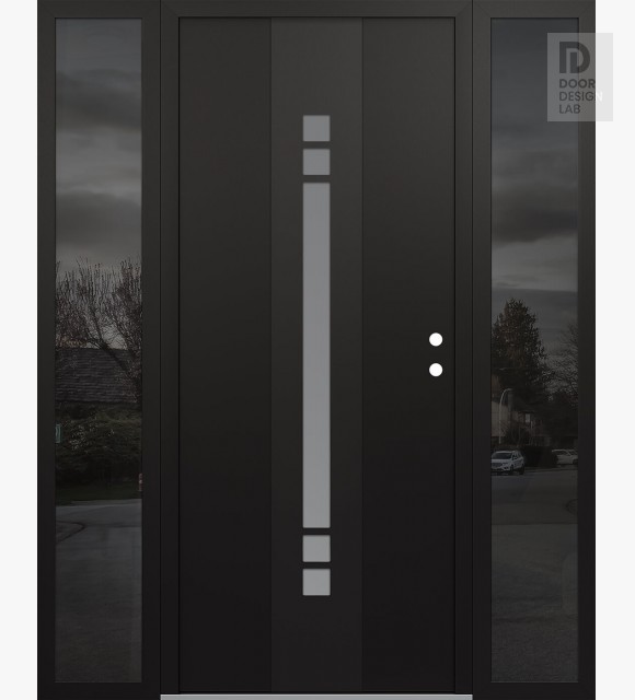 Modern Steel Front Door DIAMOND A4 60" X 80" BLACK/WHITE FROSTED GLASS PANEL BLACK LHI WITH 2 SIDELITES MIRRORED GLASS