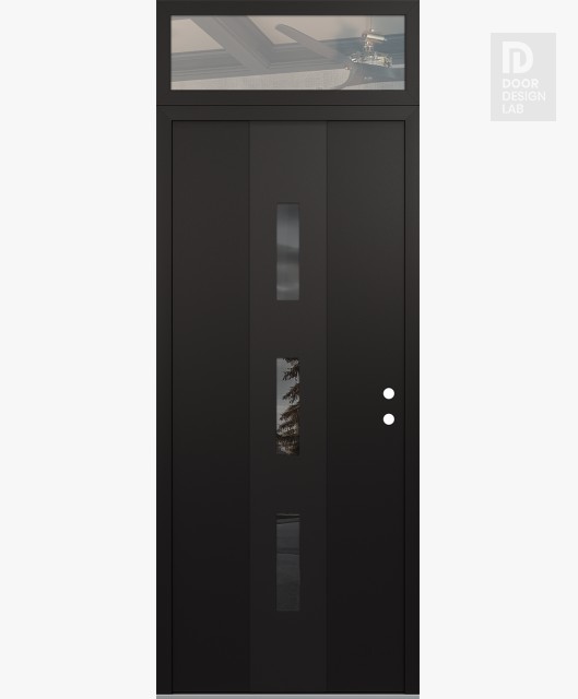 Modern Steel Front Door DIAMOND A7 36" X 96" BLACK/BLACK MIRRORED GLASS PANEL BLACK LHI WITH TRANSOM CLEAR GLASS