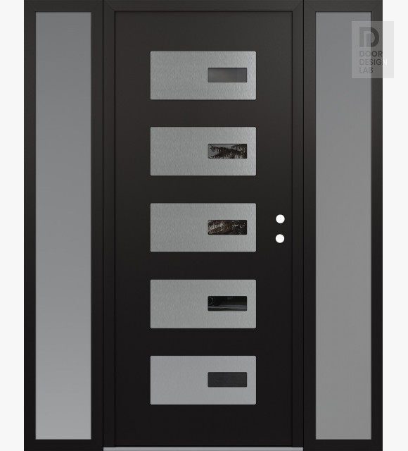 Modern Steel Front Door Diamond D7 68" x 80" black/black mirrored Glass Panel stainless steel LHI with 2 Sidelites frosted Glass
