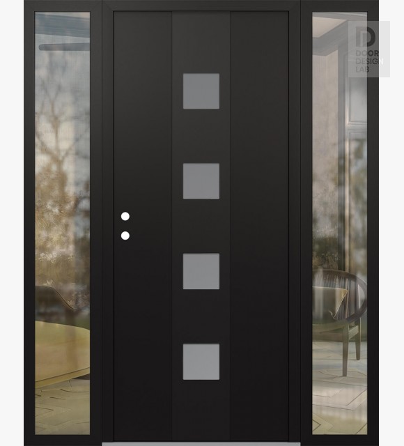 Modern Steel Front Door DIAMOND A12 60" X 80" BLACK/WHITE FROSTED GLASS PANEL BLACK RHI WITH 2 SIDELITES CLEAR GLASS