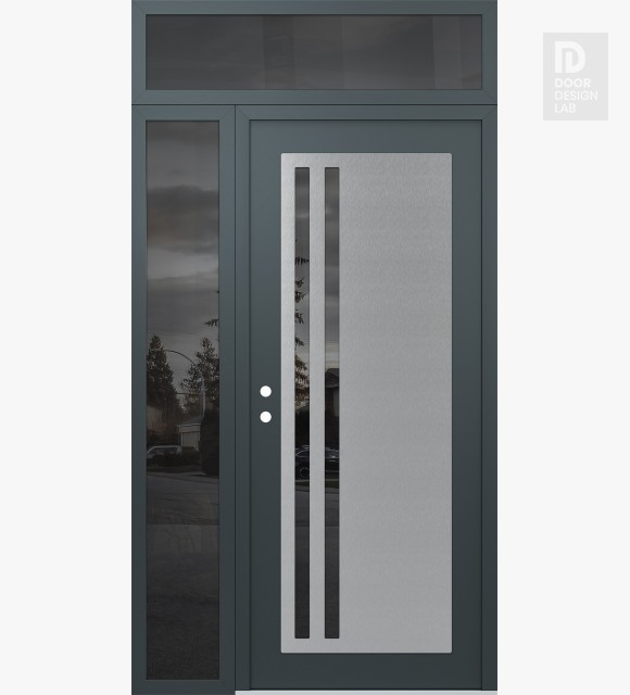 Modern Steel Front Door Diamond C6 50" x 96" anthracite/anthracite mirrored Glass Panel stainless steel RHI with Sidelite and Transom mirrored Glass