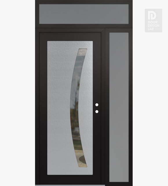 Modern Steel Front Door Diamond C4 52" x 96" black/black clear Glass Panel stainless steel LHI with Sidelite and Transom frosted Glass
