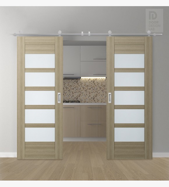 DOUBLE BARN DOOR AVON 07-07 VETRO SHAMBOR 64" X 84" X 1 3/4" STAINLESS STEEL HARDWARE