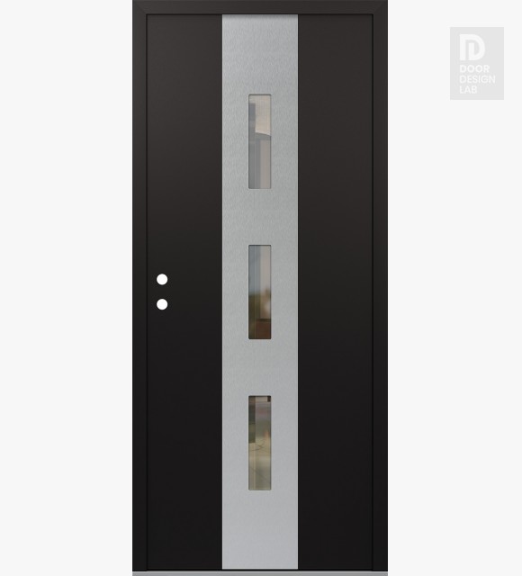 Modern Steel Front Door DIAMOND A9 68" X 80" ANTHRACITE/ANTHRACITE FROSTED GLASS PANEL STAINLESS STEEL RHI WITH 2 SIDELITES FROSTED GLASS